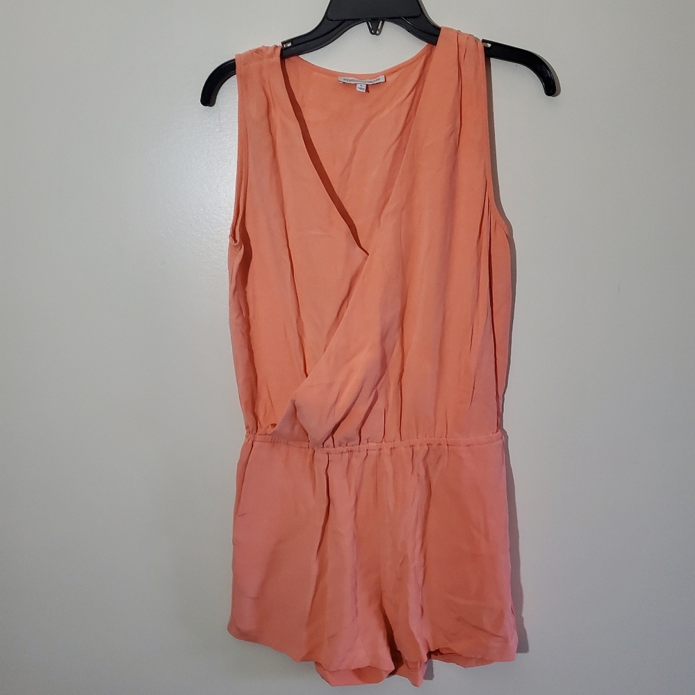 Rebecca Minkoff 100% Silk Peach Salmon Romper V-neck Pockets Size 6